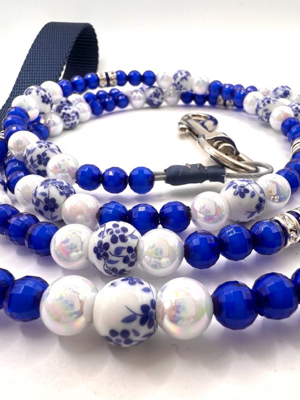 Beaded Luxe Blue & White Dog Leash - Handmade - One of a Kind